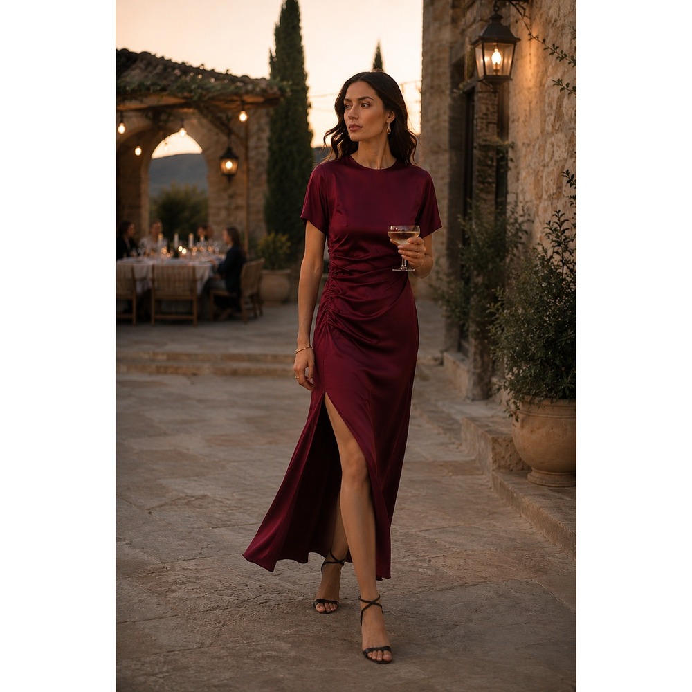 SIMKHAI Marabella Ruched Maxi Dress Berry Satin Jewel Neck Size 10 Autumn